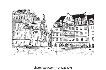 Building view with landmark of  Nuremberg, a city in northern Bavaria, Germany. Hand dawn sketch illustration in vector.
