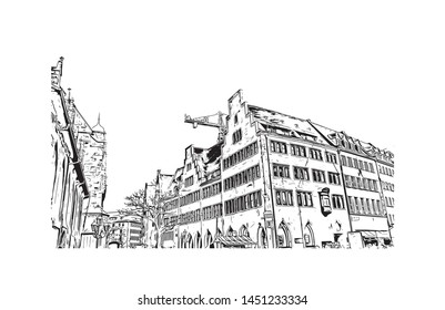 Building view with landmark of  Nuremberg, a city in northern Bavaria, Germany. Hand dawn sketch illustration in vector.