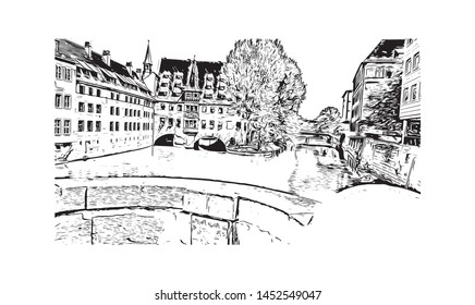 Building view with landmark of Nuremberg, a city in northern Bavaria, City in Germany. hand drawn sketch illustration in vector.
