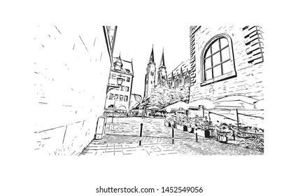 Building view with landmark of Nuremberg, a city in northern Bavaria, City in Germany. hand drawn sketch illustration in vector.