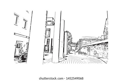 Building view with landmark of Nuremberg, a city in northern Bavaria, City in Germany. hand drawn sketch illustration in vector.