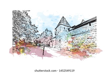 Building view with landmark of Nuremberg, a city in northern Bavaria, City in Germany. Watercolor splash hand drawn sketch illustration in vector.