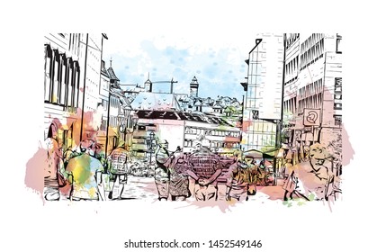 Building view with landmark of Nuremberg, a city in northern Bavaria, City in Germany. Watercolor splash hand drawn sketch illustration in vector.
