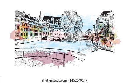 Building view with landmark of Nuremberg, a city in northern Bavaria, City in Germany. Watercolor splash hand drawn sketch illustration in vector.