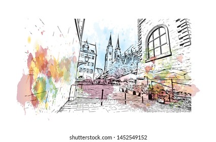 Building view with landmark of Nuremberg, a city in northern Bavaria, City in Germany. Watercolor splash hand drawn sketch illustration in vector.