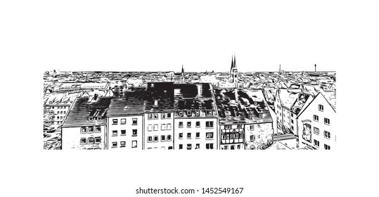 Building view with landmark of Nuremberg, a city in northern Bavaria, City in Germany. hand drawn sketch illustration in vector.