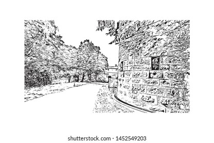 Building view with landmark of Nuremberg, a city in northern Bavaria, City in Germany. hand drawn sketch illustration in vector.