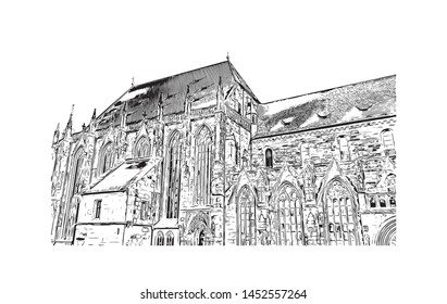 Building view with landmark of Nuremberg, a city in northern Bavaria, City in Germany. Hand drawn sketch illustration in vector.