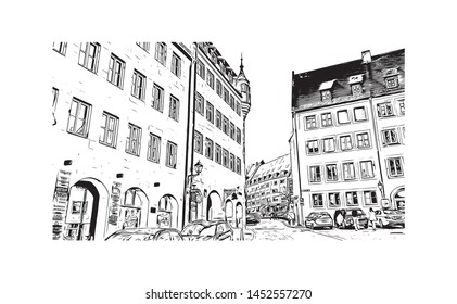 Building view with landmark of Nuremberg, a city in northern Bavaria, City in Germany. Hand drawn sketch illustration in vector.