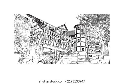 Building view with landmark of Nuremberg is the 
city in Germany. Hand drawn sketch illustration in vector.