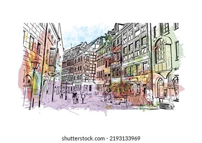 Building view with landmark of Nuremberg is the 
city in Germany. Watercolor splash with hand drawn sketch illustration in vector.