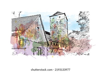 Building view with landmark of Nuremberg is the 
city in Germany. Watercolor splash with hand drawn sketch illustration in vector.