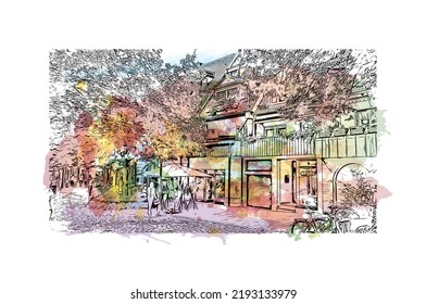 Building view with landmark of Nuremberg is the 
city in Germany. Watercolor splash with hand drawn sketch illustration in vector.