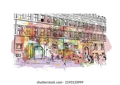 Building view with landmark of Nuremberg is the 
city in Germany. Watercolor splash with hand drawn sketch illustration in vector.