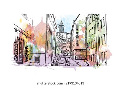Building view with landmark of Nuremberg is the 
city in Germany. Watercolor splash with hand drawn sketch illustration in vector.