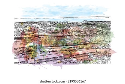 Building view with landmark of Nuuk is the 
capital of Greenland. Watercolor splash with hand drawn sketch illustration in vector.