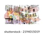 Building view with landmark of Nyon is the 
municipality in Switzerland. Watercolor splash with hand drawn sketch illustration in vector.