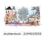 Building view with landmark of Nyon is the 
municipality in Switzerland. Watercolor splash with hand drawn sketch illustration in vector.