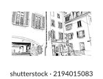 Building view with landmark of Nyon is the 
municipality in Switzerland. Hand drawn sketch illustration in vector.