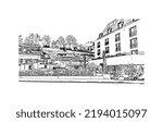 Building view with landmark of Nyon is the 
municipality in Switzerland. Hand drawn sketch illustration in vector.