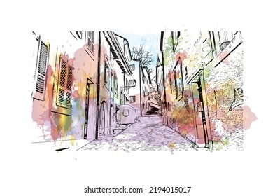 Building view with landmark of Nyon is the 
municipality in Switzerland. Watercolor splash with hand drawn sketch illustration in vector.