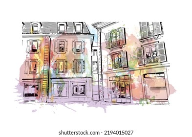Building view with landmark of Nyon is the 
municipality in Switzerland. Watercolor splash with hand drawn sketch illustration in vector.