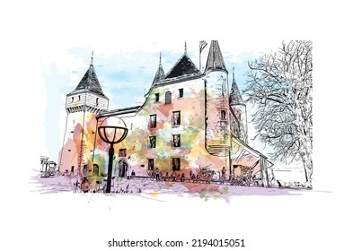 Building view with landmark of Nyon is the 
municipality in Switzerland. Watercolor splash with hand drawn sketch illustration in vector.