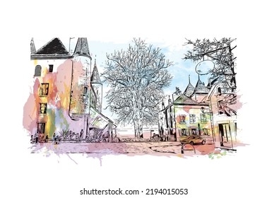 Building view with landmark of Nyon is the 
municipality in Switzerland. Watercolor splash with hand drawn sketch illustration in vector.