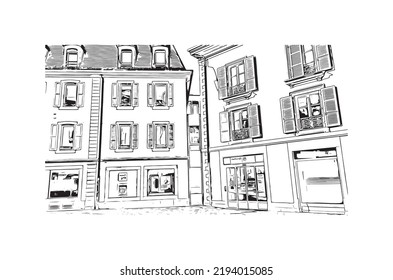 Building view with landmark of Nyon is the 
municipality in Switzerland. Hand drawn sketch illustration in vector.