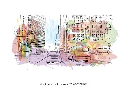 Building view with landmark of Oakland is the 
city in California. Watercolor splash with hand drawn sketch illustration in vector.