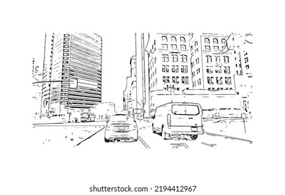Building view with landmark of Oakland is the 
city in California. Hand drawn sketch illustration in vector.