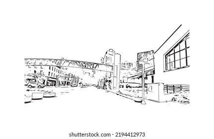 Building view with landmark of Oakland is the 
city in California. Hand drawn sketch illustration in vector.