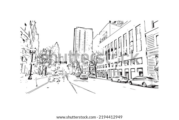 Building view with\
landmark of Oakland is the \
city in California. Hand drawn sketch\
illustration in\
vector.