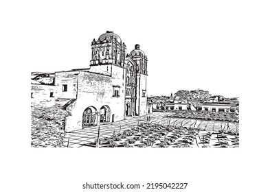 Building view with landmark of Oaxaca is the 
city in Mexico. Hand drawn sketch illustration in vector.