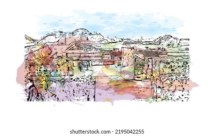 Building view with landmark of Oaxaca is the 
city in Mexico. Watercolor splash with hand drawn sketch illustration in vector.