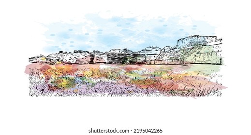 Building view with landmark of Oaxaca is the 
city in Mexico. Watercolor splash with hand drawn sketch illustration in vector.