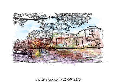 Building view with landmark of Oaxaca is the 
city in Mexico. Watercolor splash with hand drawn sketch illustration in vector.