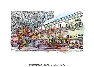 Building view with landmark of Oaxaca is the 
city in Mexico. Watercolor splash with hand drawn sketch illustration in vector.