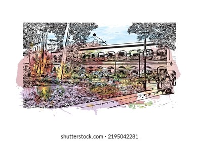 Building view with landmark of Oaxaca is the 
city in Mexico. Watercolor splash with hand drawn sketch illustration in vector.