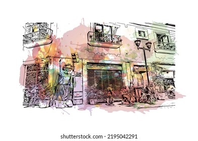 Building view with landmark of Oaxaca is the 
city in Mexico. Watercolor splash with hand drawn sketch illustration in vector.