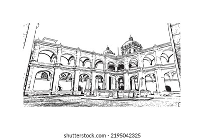 Building view with landmark of Oaxaca is the 
city in Mexico. Hand drawn sketch illustration in vector.