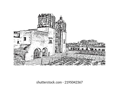 Building view with landmark of Oaxaca is the 
city in Mexico. Hand drawn sketch illustration in vector.
