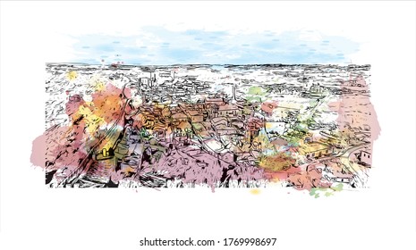 Building view with landmark of  Obidos is a town and a municipality in Oeste region. Watercolor splash with hand drown sketch illustration in vector.