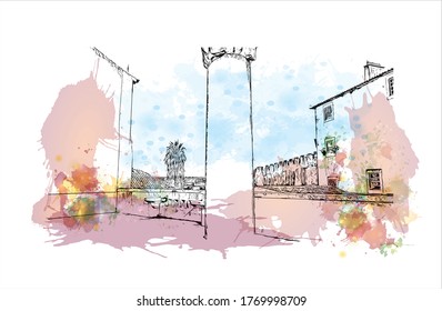 Building view with landmark of  Obidos is a town and a municipality in Oeste region. Watercolor splash with hand drown sketch illustration in vector.
