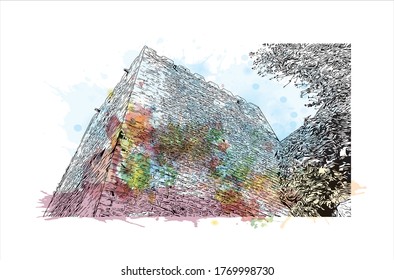 Die Stadt Obidos ist eine Stadt und eine Gemeinde in der Region Öste. Aquarellspritzer mit handgeerzter Skizzengrafik in Vektorgrafik.