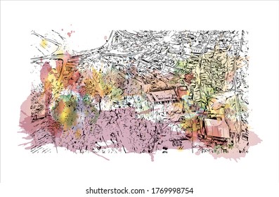 Building view with landmark of  Obidos is a town and a municipality in Oeste region. Watercolor splash with hand drown sketch illustration in vector.