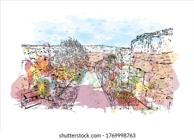 Building view with landmark of  Obidos is a town and a municipality in Oeste region. Watercolor splash with hand drown sketch illustration in vector.