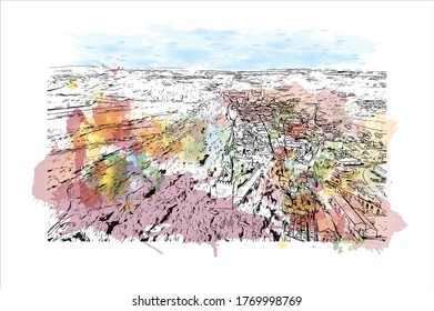 Building view with landmark of  Obidos is a town and a municipality in Oeste region. Watercolor splash with hand drown sketch illustration in vector.
