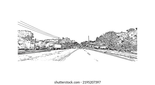 Der Blick auf das Gebäude mit Wahrzeichen von Ocala ist eine Stadt im Zentrum von Florida. Handgezeichnete Skizzengrafik in Vektorgrafik.