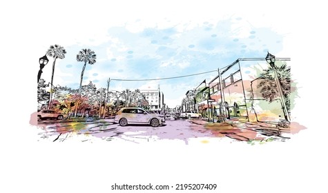 Building view with landmark of Ocala is a city in central Florida. Watercolor splash with hand drawn sketch illustration in vector.